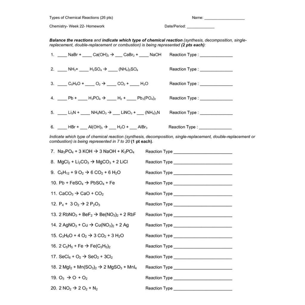 Chemical Equations And Reaction Types Worksheet lennico Intended For Chemical Reaction Type Worksheet