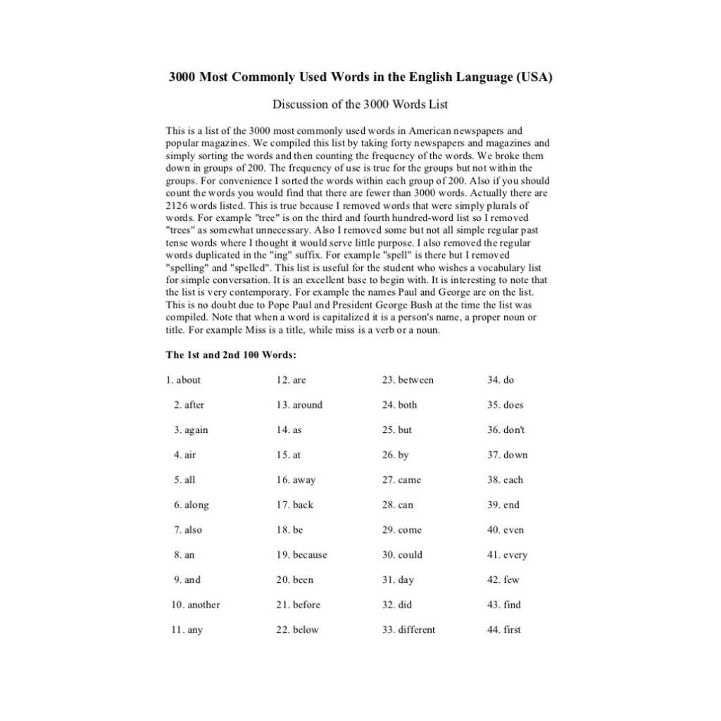 5000 Most Common English Words List Pdf